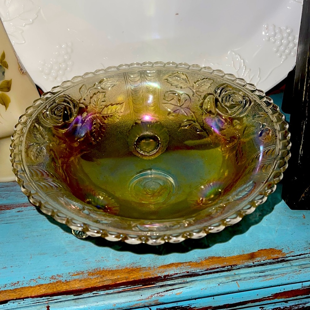 Marigold Luster Carnival Glass Bowl open rose Fenton
